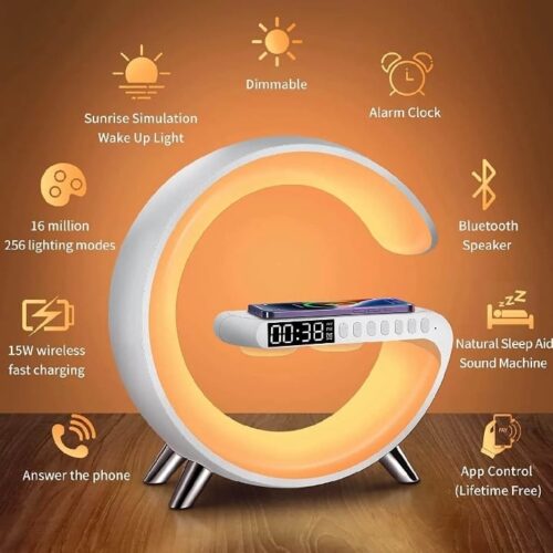 G63 Speaker Lamp - APP Control 3 in 1 Multi-Function Bluetooth Speaker With Wireless Charging, RGB Light and Alarm Clock - Charger G^ Lamp with Sunrise Alarm for Bedroom & Bedside table (G Speaker)