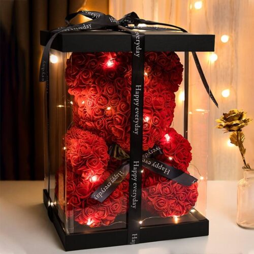 Rose Bear Gift Set – Artificial Flower Teddy Bear With Light & Box