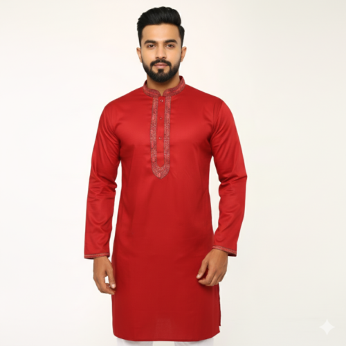Linen Semi Long Panjabi for Men - Red - Panjabi