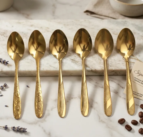 Luxury Gold Color 6 Piece Tablespoon Stainless Steel Spoon Set - Elegant And Durable Cutlery Set Multi Design