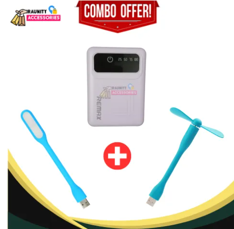 Raunity Gadget Pack Combo - Mini Power Bank, USB Fan, and LED Light
