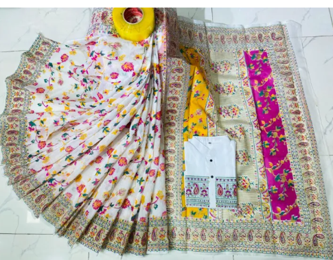 New Designer Screen Print Half Silk Saree And Dhupiyan Cotton Panjabi For Combo Couple set
