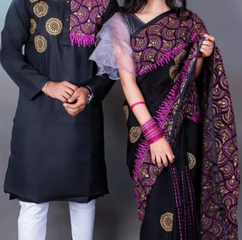 Stylish Matching Couple Dress - Saree & Panjabi Combo Set - Elegant Ethnic Attire for All Occasions