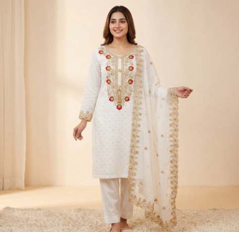 Georgette Unstitched 3pc Suit for Women All Season High Quality Indian Weightless Georgette Fabric Embroidered Style White Color